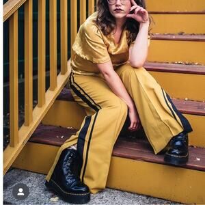 Zara Trafaluc Mustard Yellow Striped High Rise Wide Leg Trouser Pants Medium